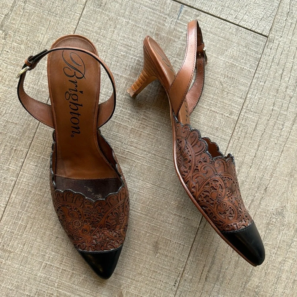 Brighton Fancy Brown & Black Laser Cut Kitten Heel Slingback Shoes Size 8 - Picture 10 of 10